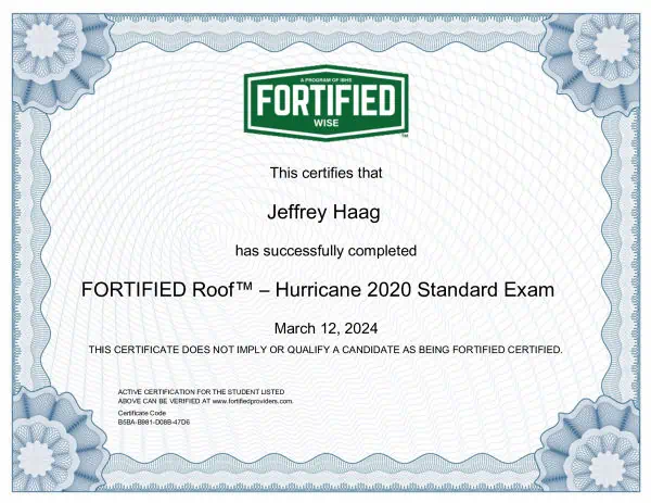 Diversified Energy - Jeff Haag Fortified Roof Certification Image of the Fortified Roof Certification for Jeff Haag, owner of Diversified Energy