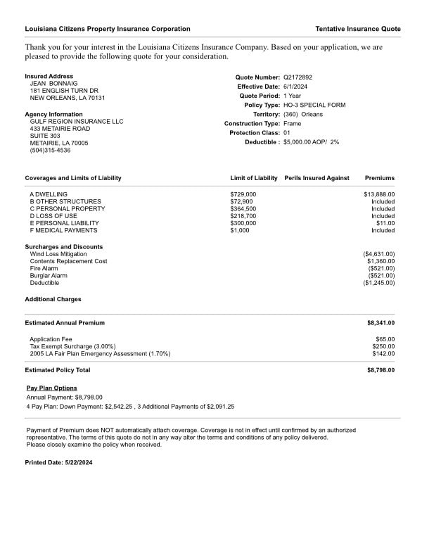 LA Citizens Wind Mitigation Discount Example LA Citizens Wind Mitigation Discount