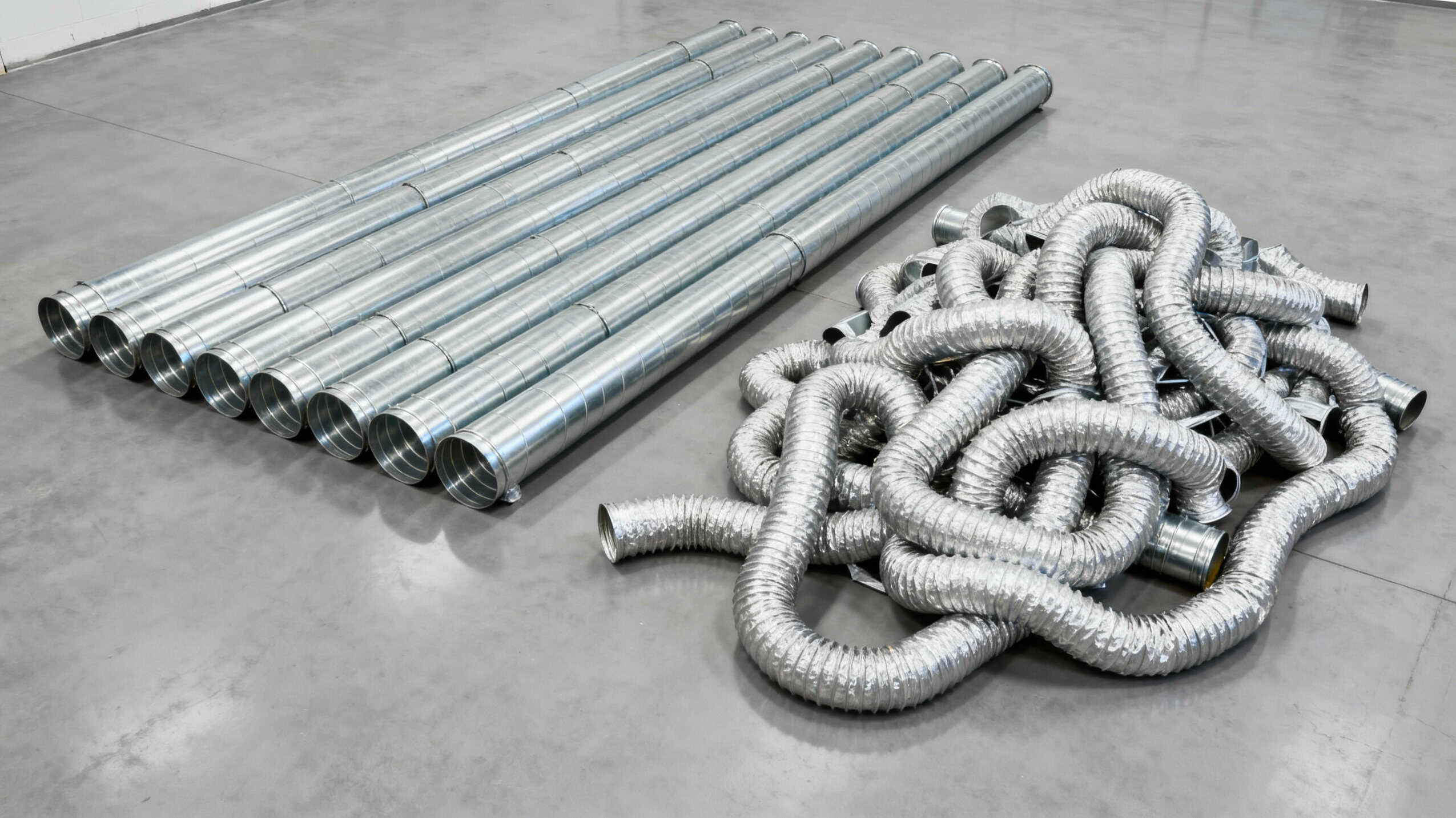 Image of rigid metal ductwork side-by-side to flexible ductwork.