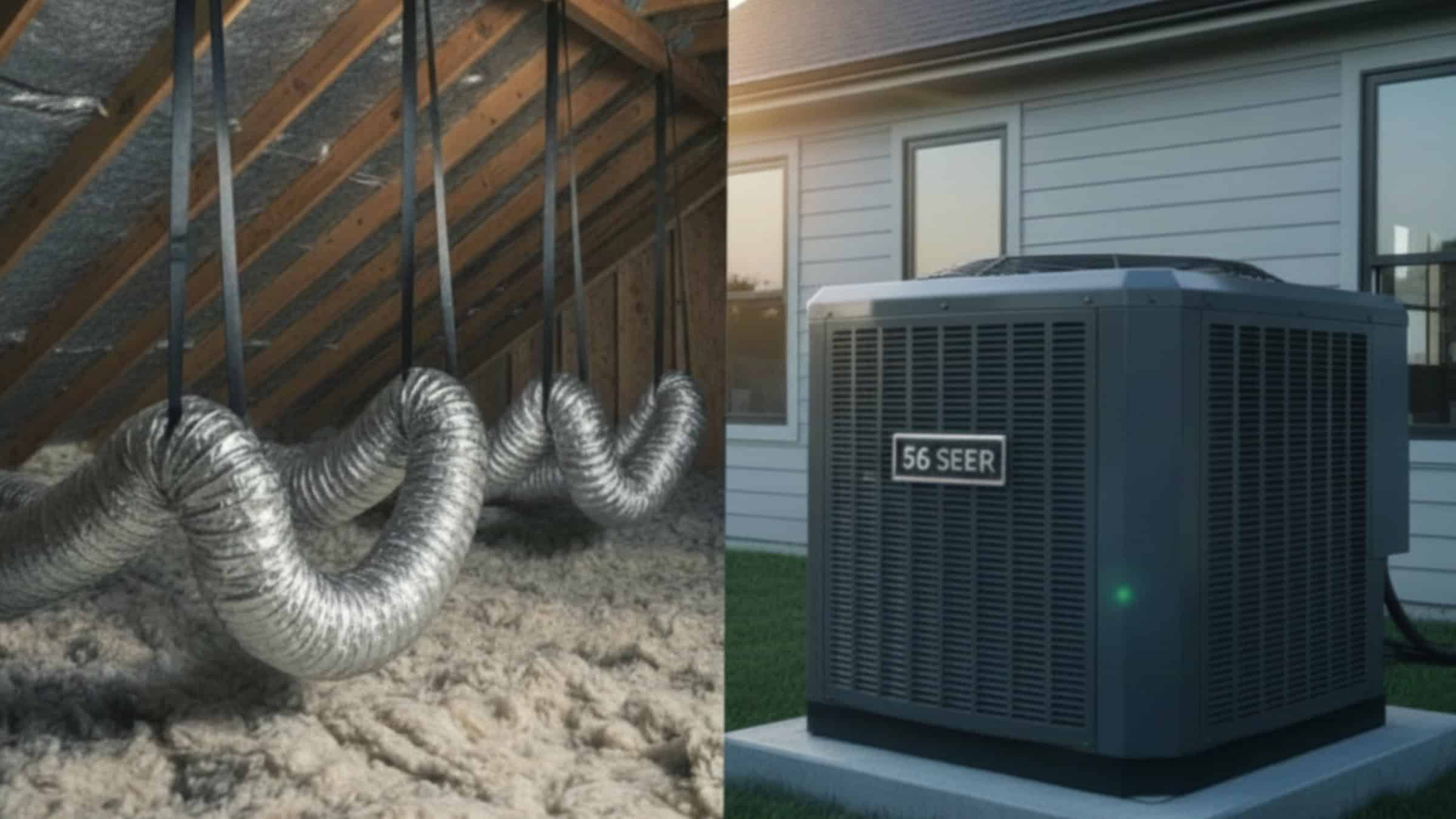 Split screen images showing improperly installed flexible HVAC ductwork on the left side, and a high-efficiency HVAC system on the right.