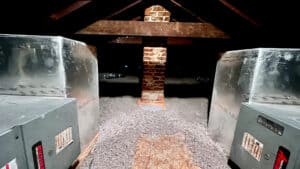 Cellulose Insulation 3 Blown-in, loose-fill, stabilized cellulose insulation installed in a home attic.