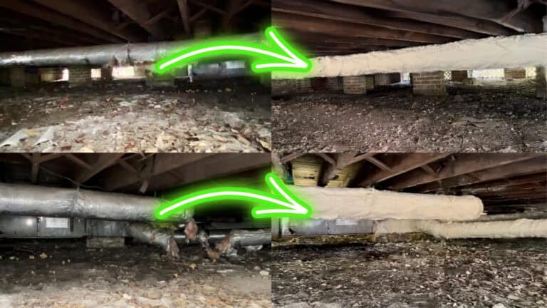 Before and after image of metal ductwork in a crawlspace. Before - with fiberglass wrap. After - Sealed and insulated with spray foam insulation.
