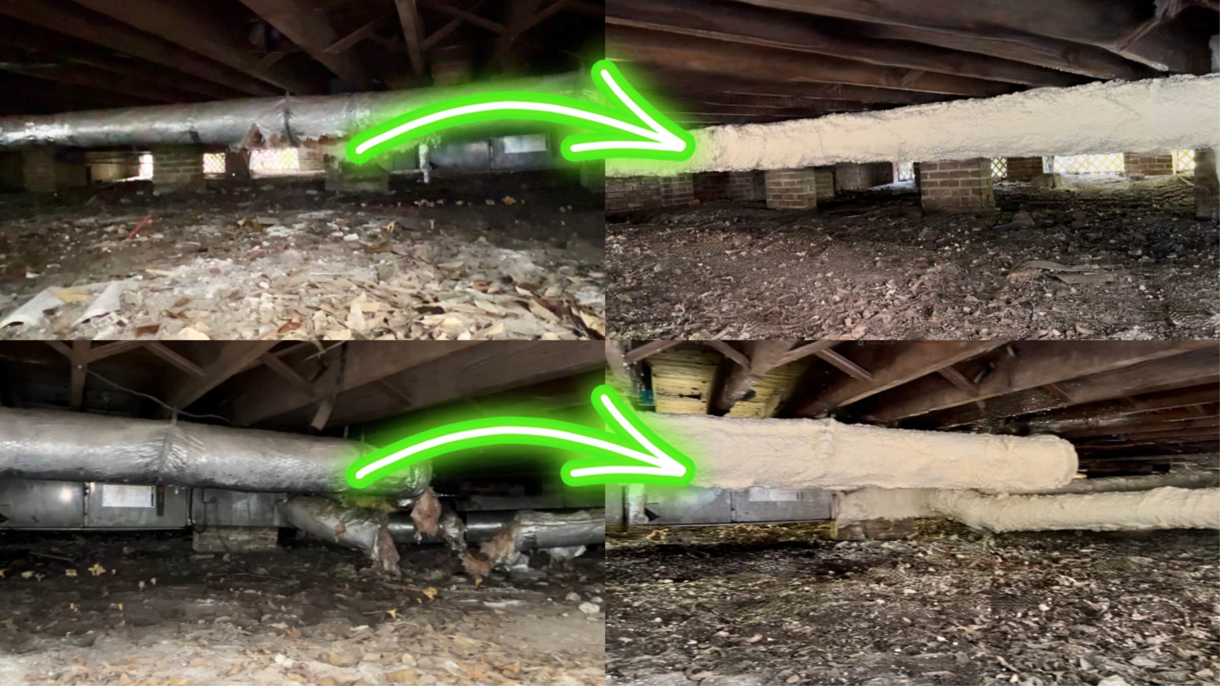 Before and after image of metal ductwork in a crawlspace. Before - with fiberglass wrap. After - Sealed and insulated with spray foam insulation.
