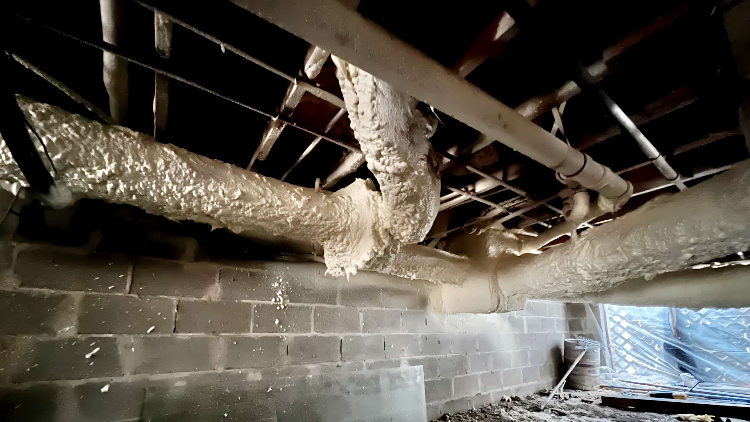 Spray Polyurethane Foam Insulated Ductwork Under A Raised House Metal ductwork under a raised house is properly air-sealed and insulated with spray polyurethane foam insulation.