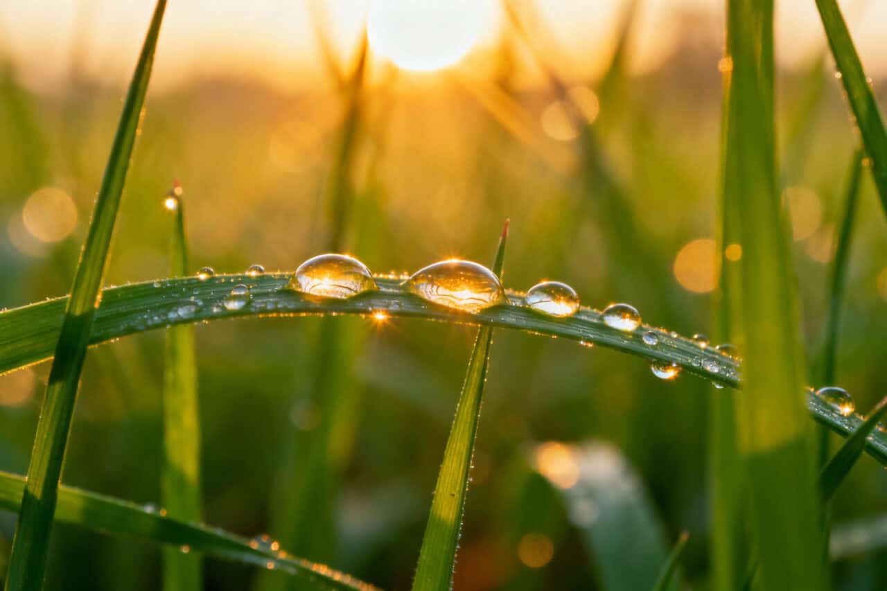 Close-up of morning dew on grass blades showing visible condensation when temperature drops below dew point